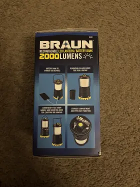 Braun 58488 2000 Lumen Rechargeable Waterproof Led Lantern Battery Bank Charge Phone Tablet
