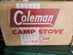 Coleman 413e 2-burner Gasoline Camp Stove Green W/ Box & Manual Windscreen. Fixed Price $86.00.