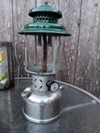 1949 Coleman Lantern 220d Green Sunrise Globe Nickle Plated Fount Usa Nice1. Fixed Price $375.00.