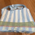 Hearth & Hand Magnolia Cross Stripe Carry-all Tote Bag Blue Green Natural Canvas. Fixed Price $16.95.