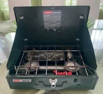 Vintage Coleman Dual Fuel Campstove 424 Two Burner Gas Stove With Gray Tank. Fixed Price $84.00.