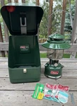 Vintage Coleman 228h Double Mantle 'big Hat' Gas Lantern W/ Metal Case - Green. Fixed Price $144.99.