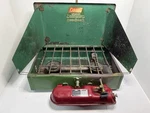 Vintage Coleman Model 425e Dual 2 Burner Green Gas Camp Stove W/ Later Tank. Fixed Price $24.99.
