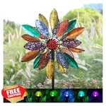 Cyan Oasis Solar Wind Spinner With Light, Metal Yard Stake 20"x77". Fixed Price $176.99.