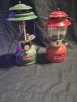 Two (2 Vintage Coleman Lanterns- Green 220f Double Mantle- Red 220a Single. Fixed Price $80.00.