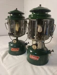 2 Vintage Coleman Model 220f 228f Dual Mantle Pyrex Globe Lantern. Fixed Price $60.00.