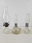 Vintage Lot 3 Heavy Glass Oil Lamps With Chimneys Made By Lamp Light Farms Co.. Fixed Price $59.99.