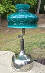 Antique C.1920s Coleman Quick-lite Gas Table Lamp Green Glass Shade Nickel Base. Fixed Price $295.00.